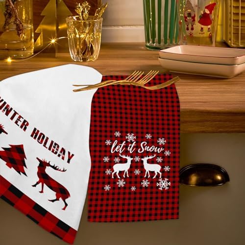 JOOCAR Red Deer Kitchen Towels Christmas Dish Towels Set of 2, 16x27 Inch Seasonal Witner Holiday Drying Dishcloth, Red Buffalo Plaid Decoration Hand Towels for Kitchen Bathroom