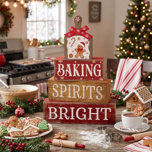 Lineshading 4 Pcs Gingerbread Baking Wood Block Signs, Farmhouse Decor
