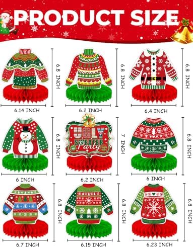 Christmas Ugly Sweater Party Table Decorations, 9 Pcs Ugly Sweater Honeycomb Centerpieces, 3D Funny Holiday Table Topper for Christmas Party Supplies, Winter Home & Office Decor