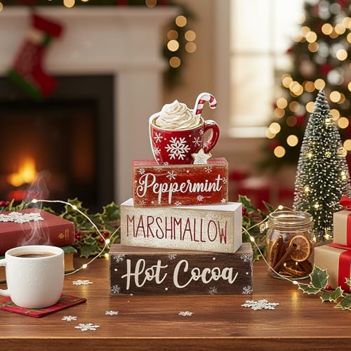 Moucuny 4 Pcs Hot Cocoa Wooden Signs Farmhouse Tiered Tray Decor