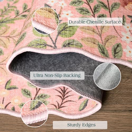 Pink Floral Entry Rug, 3x5 Ft Indoor Outdoor Mats for Front Door