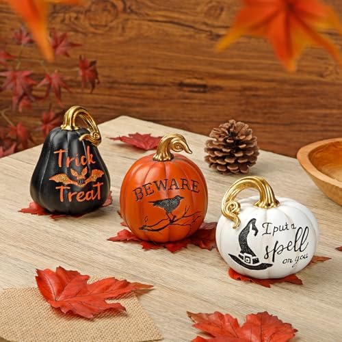 DILATATA Fall Pumpkins Decoration 3Pcs Resin Pumpkins Thanksgiving Fake Pumpkin Figurines Small Carved Pumpkin for Home Harvest Halloween Thanksgiving Rustic Farmhouse Table Centerpiece Shelf Mantel