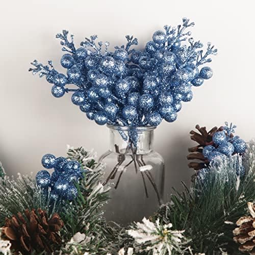 24 Pack Glitter Blue Berry Stems,7.5 Inch Christmas Sparking Red Faux Winter Berry Sprigs,Artificial Red Berries Branches for Christmas Tree Garland Wreath Crafts Season Winter Home Decor