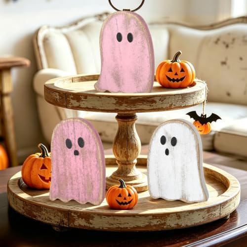3Pcs Halloween Table Decorations Indoor, Farmhouse Halloween Cute Ghost Decorations, Rustic Ghost Table Centerpieces Signs Tiered Tray Decor for Home Mantel Shelf Office Party Supplies (Pink)