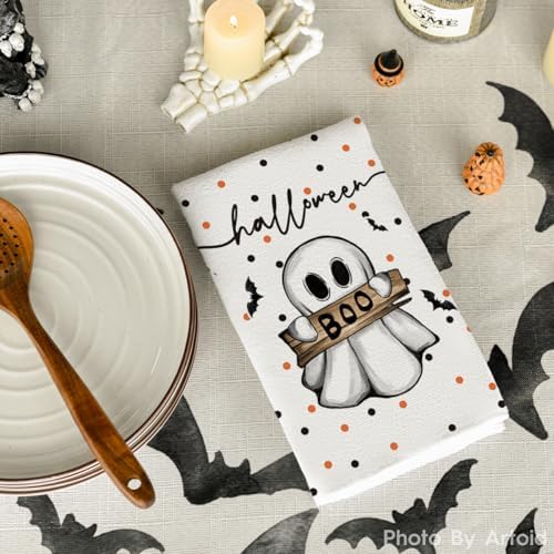 Artoid Mode Beige Cat Ghost Halloween Kitchen Towels Set of 2 18x26 Inch
