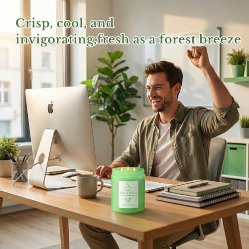 Mint Eucalyptus Large Scented Candle, 3-Wick 22oz Long Lasting Scented Candle, Natural Soy Wax Aromatherapy Candle for