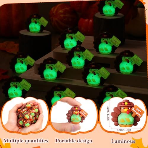 Domensi 30 Pcs Thanksgiving Mini Turkey Glow in Dark Figures Gifts, Sign