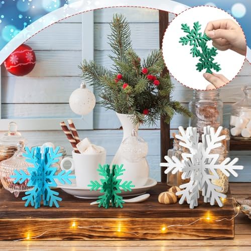 Bucherry 12 Pcs Wooden Snowflakes Table Decor,White, Blue, Green