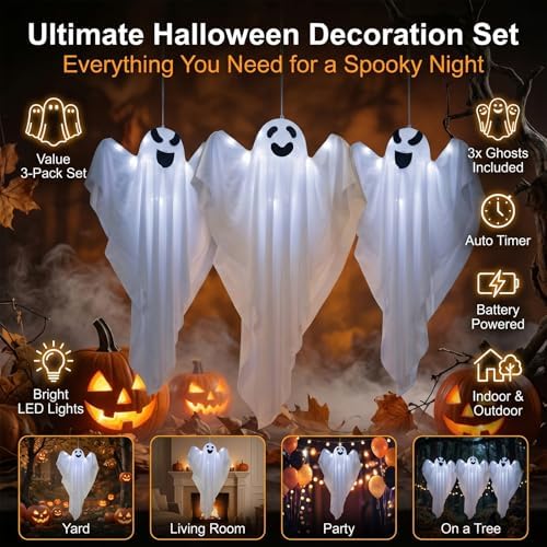 3 Packs Halloween Decorations Outdoor - BCLGSHINE Lighted Hanging Ghost Decorations with 45 LEDs, 32 Inch Halloween-Ghost Lights for Porches, Party, Yards, Gardens, Lawn