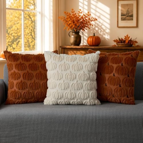 DFXSZ Fall Pillow Covers 18x18 2Pcs Rust Beige Pumpkin Fall Decorations