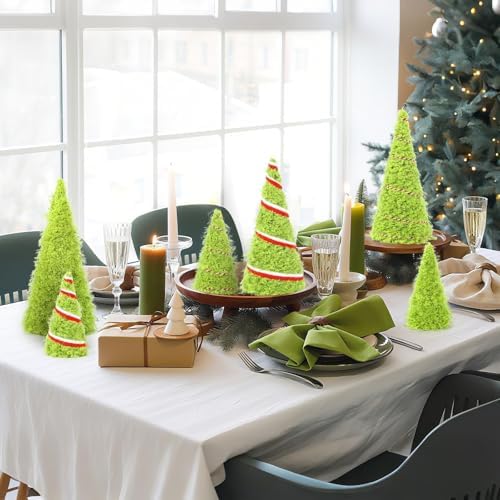 6 PCS 12" 10" 6" Lime Green Furry Christmas Cone Tree Christmas Handmade Xmas Velvet Trees Tabletop Centerpieces Mini Farmhouse Red Green Tree for Kitchen Mantle Winter Home Wedding Party Ornaments