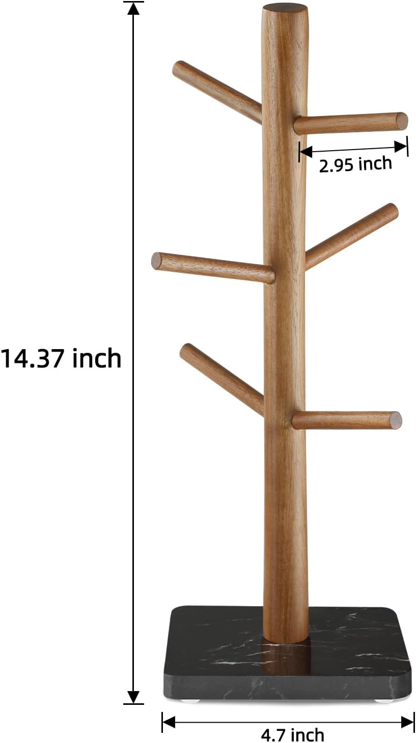 Buruis Acacia Wood Mug Holder with Marble Base, 6 Hook Mug Tree, Black | Coffee Mug Rack for Countertop, Space-Saving