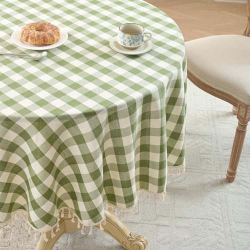 Softalker Gingham Round Tablecloth with Tassel, Sage Green, 70" x 70"
