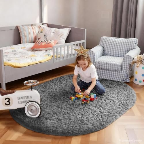 Ophanie 4x6 Oval Grey Rugs for Bedroom Living Room, Fluffy Fuzzy Furry Carpet, Plush Soft Shaggy Bedside Indoor Floor