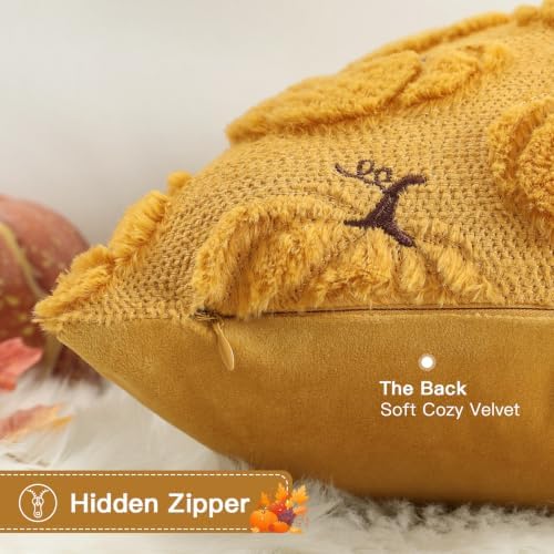 Artscope Pumpkin Fall Throw Pillow Covers 16x16 Set of 2, Autumn Soft Plush Faux Fur Decoration Cushion Covers for Thanksgiving Holiday Couch Sofa Bedroom Home Decor-Mustard Yellow