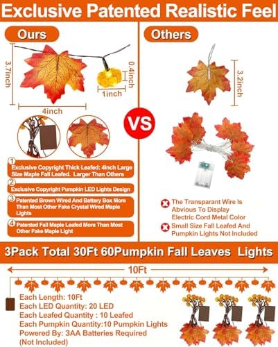 Timer&3 Pack Halloween Fall Decor Fall Garland with Pumpkin Lights 60LED