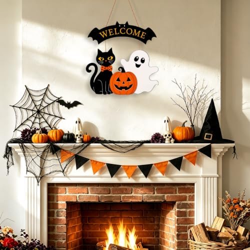 Halloween Welcome Wreath for Front Door Wooden Black Cat Ghost Door Decor