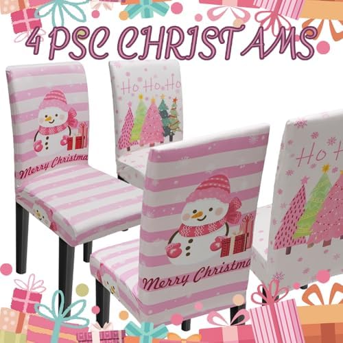 Christmas Chair Covers Set of 4, Xmas Tree Snowman Dining Chair Covers for Party Kitchen Removable Seat Cover for Chairs Christmas Decorations Indoor