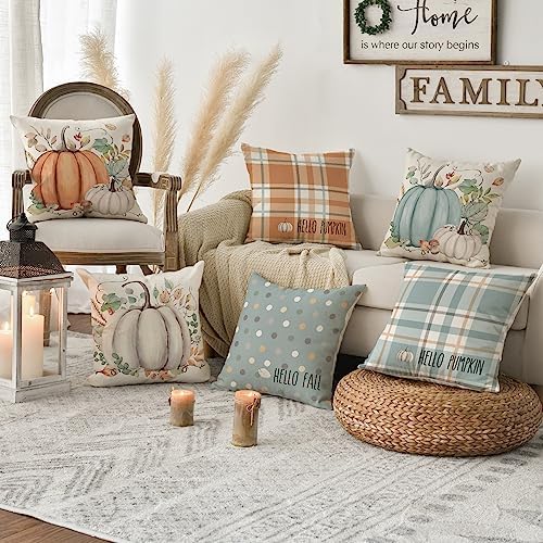 AVOIN colorlife Fall Pumpkin Polka Dot Blue Pillow Covers 18x18 Inch 4pcs