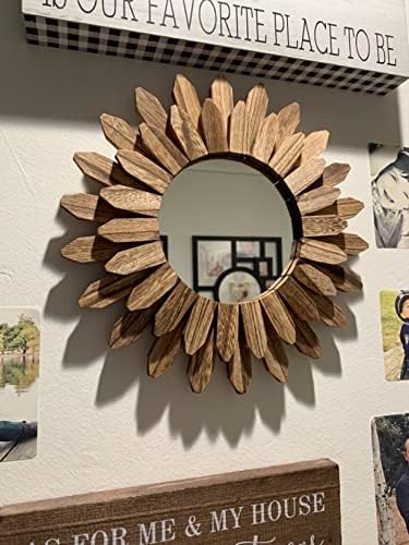 Honiway Wall Mirror Decorative 12 inch Rustic Wood Mirror Sunburst Boho Mirror for Entryway Bedroom Living Room