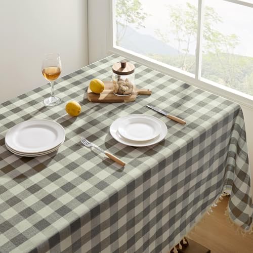 Softalker Gingham Rectangle Tablecloth with Tassel, Coffee, 55" x 120"