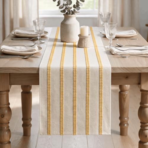 Artoid Mode Yellow Farmhouse Woven Stripe Table Runner, Seasonal Holiday Boho Rustic Kitchen Dining Table Decoration for Home Party Decor 12x72 Inch
