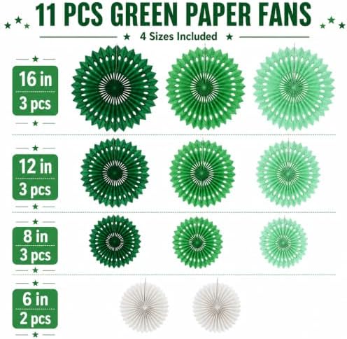 Green White Party Decoration Hanging Honeycomb Round Paper Fans Kit for Theme Birthday Baby Shower Summer Forest Patrick's Irish Backdrop Party Supplies 11 Count