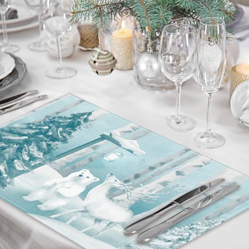 Hushee 6 Pcs Christmas Placemats Elk Winter Washable 12x18 Inch