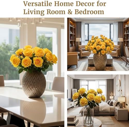 Auihiay 60PCS Yellow Roses Bulk, Yellow Velvet Silk Fake Roses