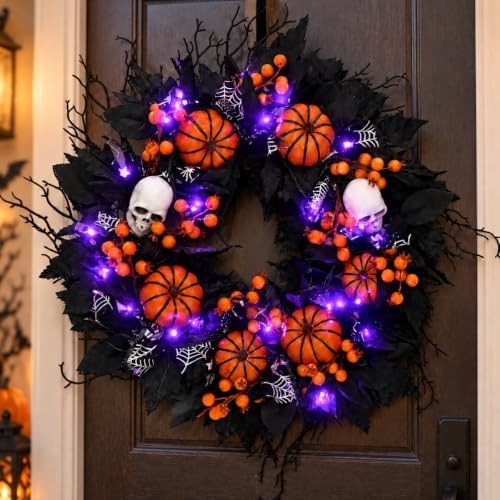 20" Halloween Wreath for Front Door, Black Gothic Spooky Outdoor Décor