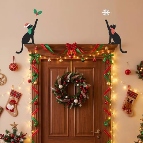 Morningro 4 Pcs Christmas Themed Door Frame Topper Black Cat Metal Wall Art