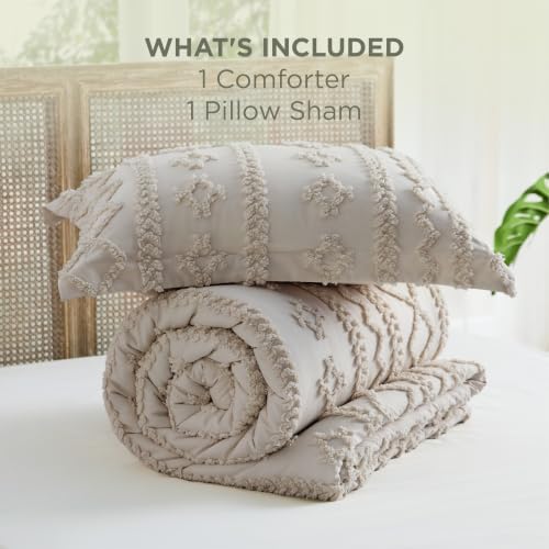 Bedsure Tufted Boho Comforter Set Twin Size - Linen Boho Bed Set, GentleSoft™ 2 Pieces Farmhouse-Style Embroidery