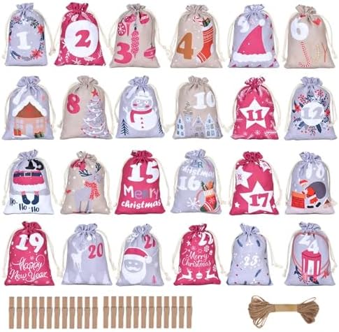 24 Pcs Christmas Advent Calendar Number Bags with Drawstring Closure, 24 Days Countdown Calendar Bags for Xmas gifts, Reusable Christmas gift Bags with Rope and Clips for Winter Holiday Party Favor (Purple)