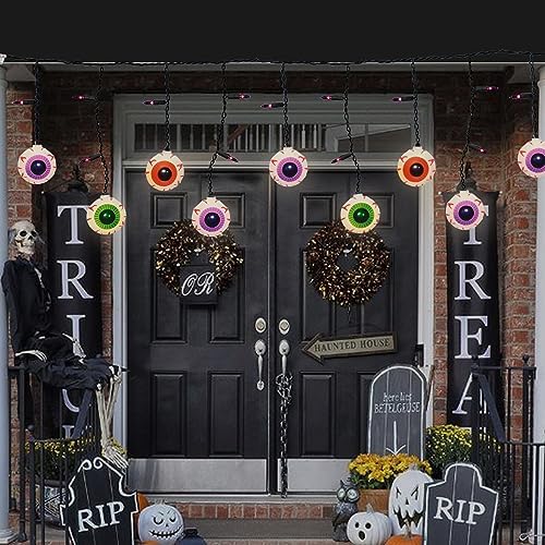 Halloween Eyeball Curtain String Lights Plug in, 7FT Outdoor Halloween Decorations Lights with 10 LED Spooky Eyeball Lights & 15 Mini Purple Bulbs for Window Wall Party Haunted House Patio Decor