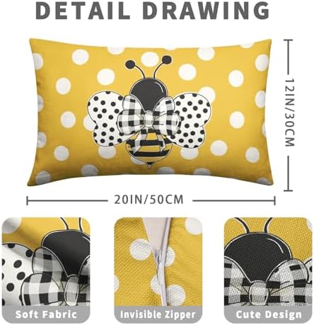 Lumbar Pillows Covers 12x20 Set of 2 Spring Summer Farmhouse Decorative Bumble Bee Polka Dots Throw Pillow Cover Yellow Honey Bee Rectangle Waist Cushion Case for Outdoor Couch Patio