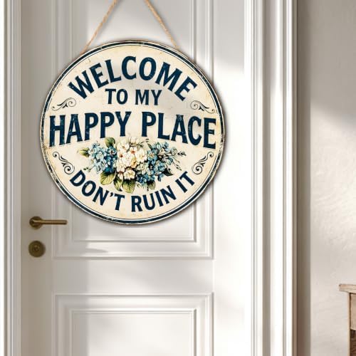 Welcome To My Happy Place Wooden Hanging Sign for House Front Door, Rustic Welcome Sign for Porch Garden Patio Farmhouse