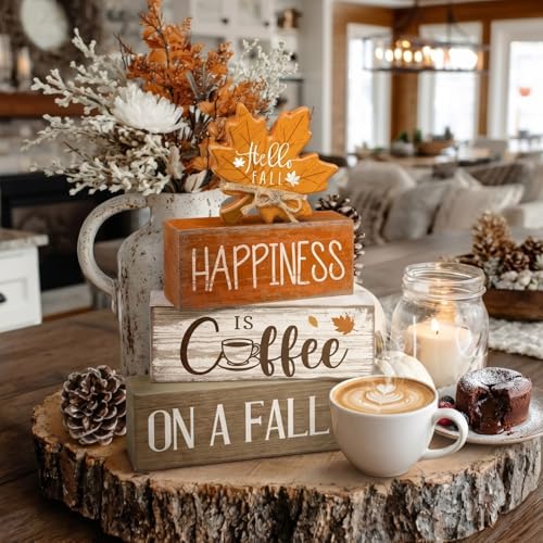 Lineshading 4 Pcs Fall Table Decor Maple Leaf Coffee Sign, Wood Block Set
