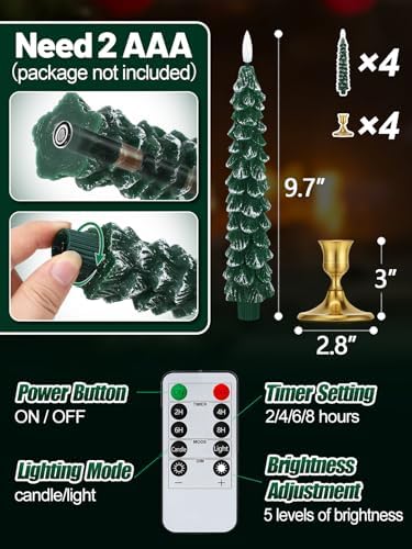 4 Pack Christmas Tree Candles - Real Wax Flameless Taper Candles, 9.7in Green Candlesticks for Christmas Home Table Fireplace Decorations Party Supplies