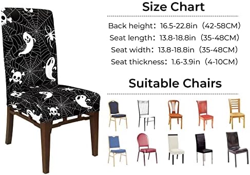 Whaline 4Pcs Halloween Chair Covers Black White Spider Web Ghost Skull Pattern Dining Chair Slipcovers Stretch Elastic Seat Covers for Halloween Party Home Kitchen Hotel Restaurant Ceremony Decor