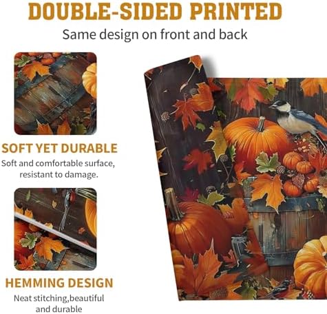Pumpkin Maple Leaf Bird Fall Placemats Set of 4 Autumn Thanksgiving Seasonal Holiday Harvest Linen Table Mats Orange Brown Washable Place Mats for Party Kitchen Dining Outdoor Indoor Decor