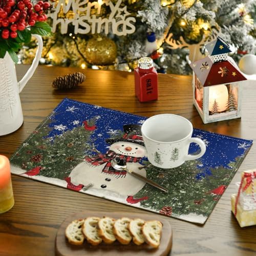 Artoid Mode Snowman Trees Blue Christmas Placemats for Dining Table, 12 x 18 Inch Seasonal Winter Birds Xmas Holiday Washable Table Mats Set of 8