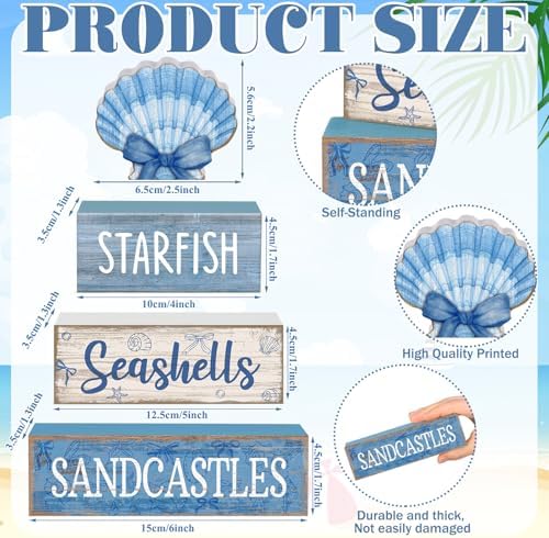 Moucuny 4 Pcs Beach Wooden Signs Table Decor with Shell, Tiered Tray