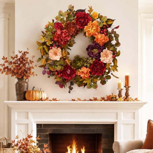 2 Pcs Fall Wreaths for Front Door, 24 Inch Fall Door Wreath with Hydrangea