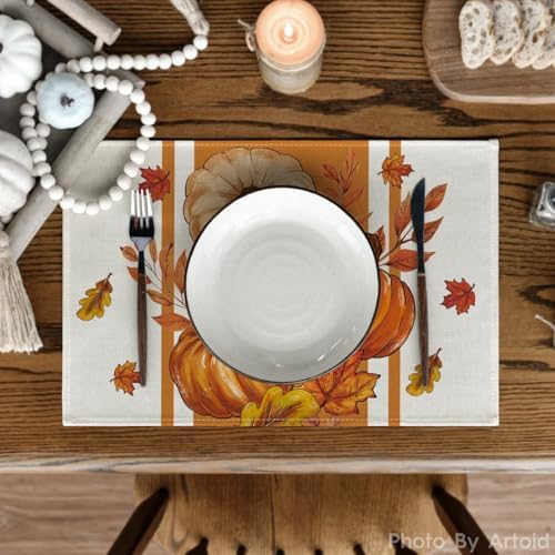 Artoid Mode Pumpkin Leaves Fall Placemats Set of 6, 12x18 Inch Seasonal Thanksgiving Holiday Table Mats for Party Kitchen Dining Decoration
