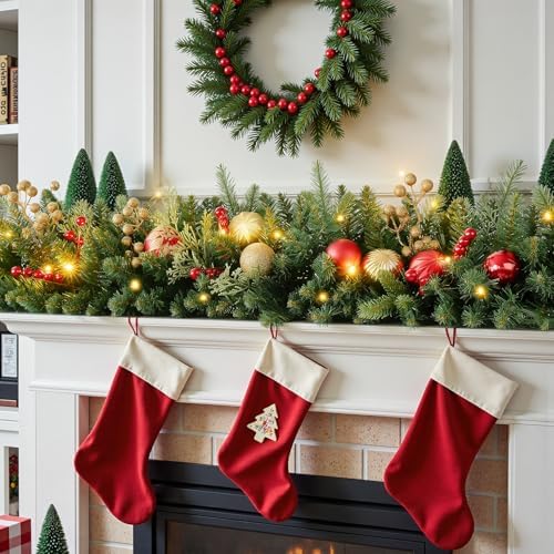 9FT Prelit Artificial Christma Garland with Dual Color LED Lights and Timer by Remote Control and Batteries Operated, Home Mantle Stairs Railing Fireplace Outdoor Indoor Wall