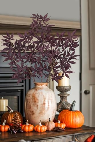 Hollyone 3Pcs Fall Leaf Stems Artificial Japanese Maple Leaves Branches Fake Fall Stems Plants Faux Maple Shrubs Leaf Bushes for Home Decor Autumn Halloween Thanksgiving Festival Decorations Burgundy