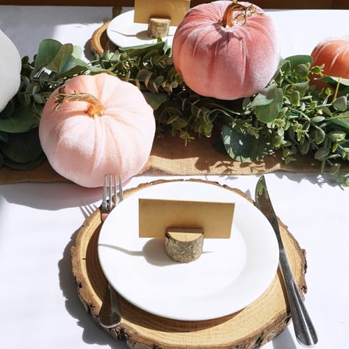 Winlyn Set of 4 Faux Pink Velvet Pumpkins Gold Stemmed Pumpkins Blush Coral Pink Peach Cream Decorative Fabric Pumpkins 5" for Fall Wedding Baby Shower Thanksgiving Halloween Table Centerpiece Décor