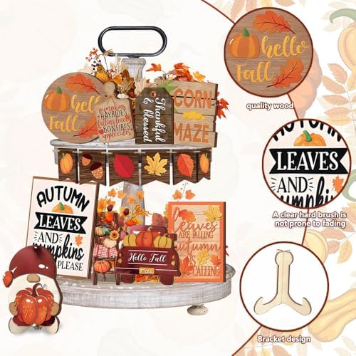 Nialnant 15 Pcs Fall Tiered Tray Decor, Fall Tiered Tray Decorations Set, Table Centerpieces Decorations for Home, Leaves Gnome Wooden Sign Plaques Thanksgiving Decorations Indoor