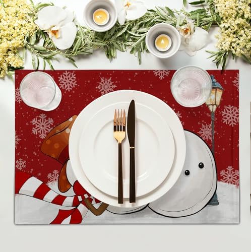 Red Snowman Snowflake Christmas Placemats Set of 4 Seasonal Winter Linen Table Mats 12x18 Inch Xmas Holiday Snow Farmhouse Rustic Washable Place Mat for Party Kitchen Dining Outdoor Indoor Decor