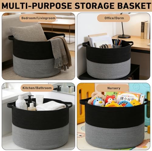 90L Extra Large Blanket Basket,Woven Laundry Basket-Black&Dark Grey